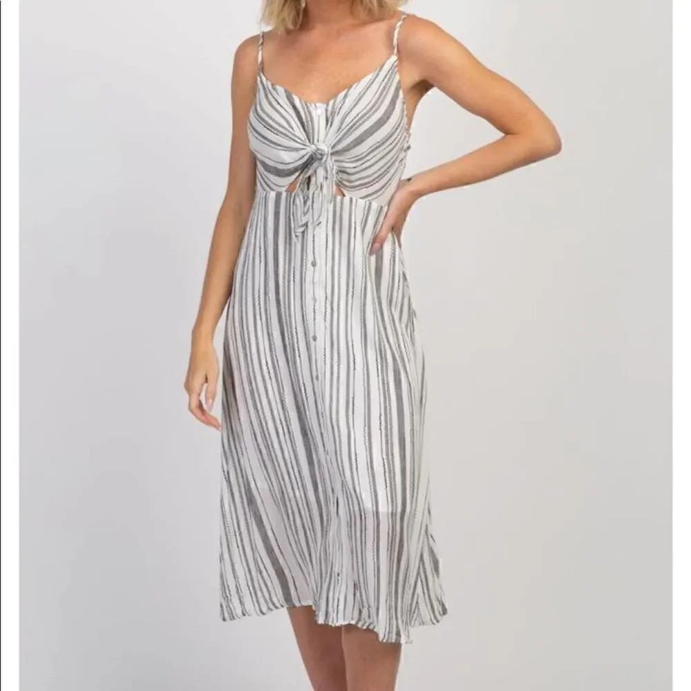 PinkBlush Button Front Stripe Midi Dress Tie Bust